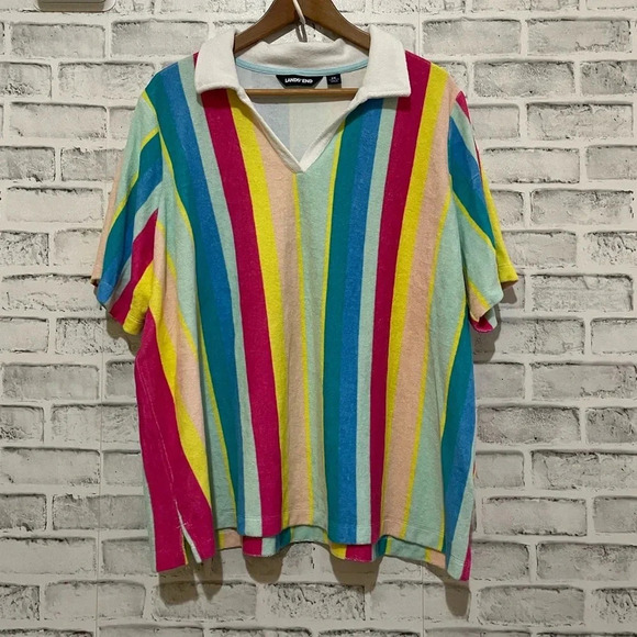 Women’s Land’s End Multi-Rainbow stripe soft collar French terry short sleeve 2X - Picture 1 of 5